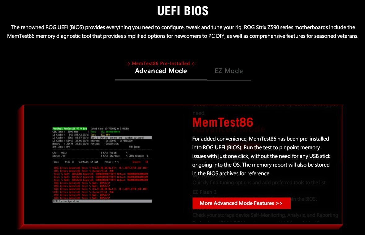Дънните платки ASUS ROG Z590 ще предлагат интегриран MemTest86 в BIOS